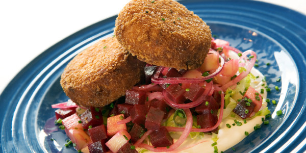 Crispy Dungeness Crab Cakes with Roasted Red Beet and Fuji Apple Salad with Meyer Lemon Sour Cream